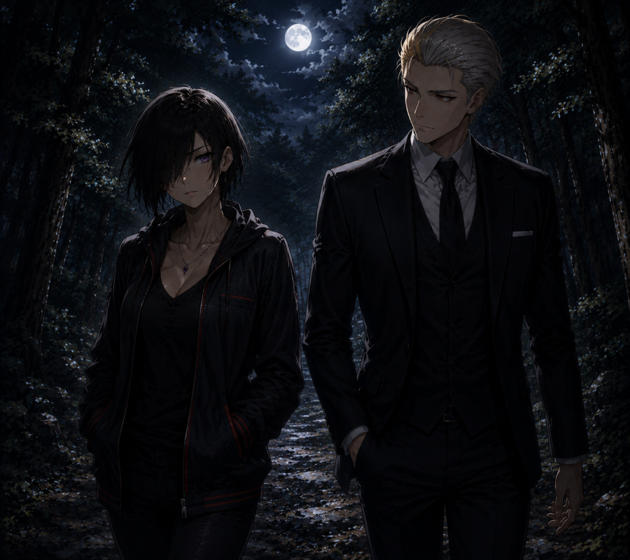 Ayumi andando ao lado do diretor na floresta a noite